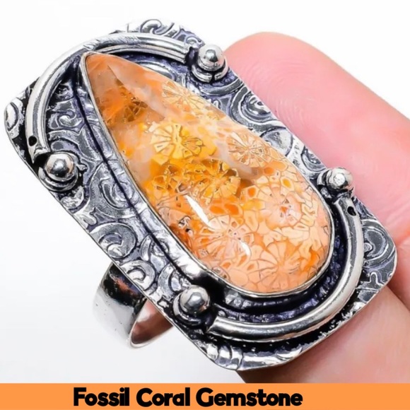 Fossil Coral Gemstone Handmade Halo Ring - Picture 3 of 7